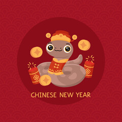 Funny animal character snake with fireworks and coins. Chinese New Year 2025 year symbol. Asian zodiac sign. Vector illustration on traditional red background of abstract scallops semicircles