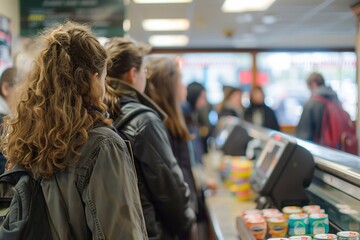 People waiting in line at the cash register in a busy cafe during a weekend morning rush