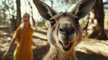 Obraz premium A playful kangaroo grins and engages with a laughing companion in a sunny forest setting