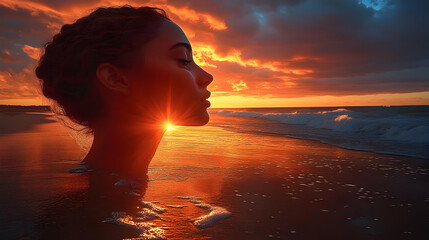 Sunset Silhouette of a Woman on the Beach Illustration