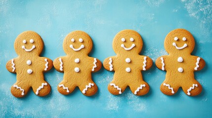 Obraz premium Four Smiling Gingerbread Men Cookies on Blue Background