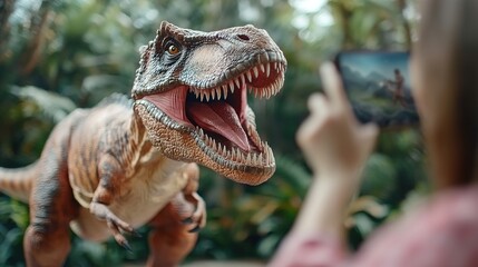 AR app mockup for education, showing virtual dinosaurs in a natural history museum