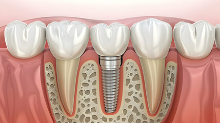 A detailed cross-sectional illustration of a dental implant showing its integration with the jawbone and neighboring teeth