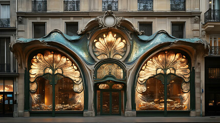 Obraz premium Art Nouveau Storefront with Ornate Glass Windows - Architectural Illustration