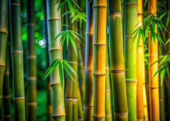 Fototapeta premium Close-Up of Lush Bamboo Stalks Surrounded by Vibrant Green Foliage in a Tranquil Natural Setting, Perfect for Nature Lovers and Eco-Friendly Themes