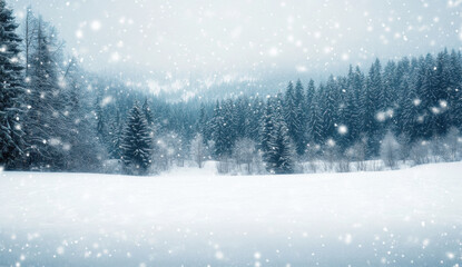 serene winter landscape featuring snow covered trees and falling snowflakes, creating peaceful and tranquil atmosphere
