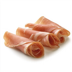 Thin slices of cured ham arranged in spirals, showcasing a delicate texture and pink color, ideal for gourmet dishes or charcuterie boards.