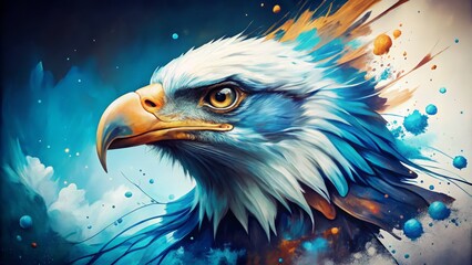 Close-Up Painting of an Eagle's Face with Striking Blue Tones and Paint Splashes, Perfect for Nature and Animal Art Enthusiasts, Captivating Visual Impact and Aesthetic Appeal