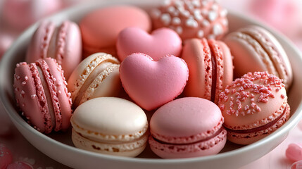 Fototapeta premium Pink Macarons and Heart-Shaped Cookies in Bowl - Food Photography