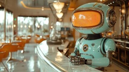 A retro-inspired robot bartender with a friendly design standing at a bar in a futuristic diner, combining classic charm with advanced technology.
