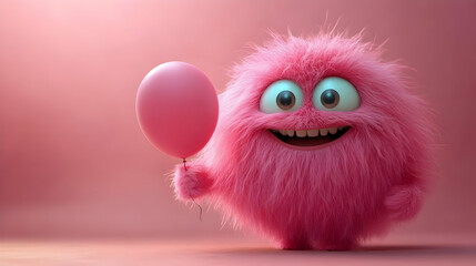 Fototapeta premium Cute Pink Furry 3D Character Holding Balloon Illustration
