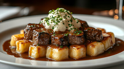 Gourmet Steak and Potato Gnocchi  - Food Photography