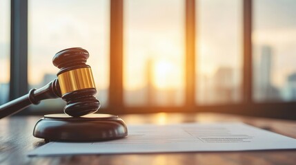 Fototapeta premium A gavel rests on a desk beside legal documents, symbolizing justice and the legal profession against a backdrop of a sunset.