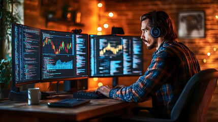 Obraz premium Man Working on a Computer with Stock Charts and Code - Realistic Image