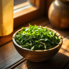 A wooden bowl of tea is filled with tea leaves