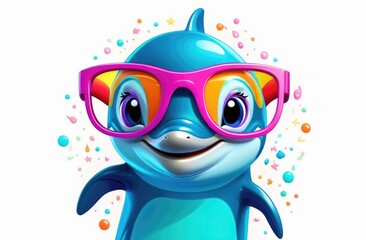 Little dolphin in glasses smiles, 3d cartoon illustration.