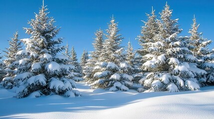 Majestic Winter Wonderland with Snow-Covered Evergreen Trees and Clear Blue Sky in a Serene Landscape Perfect for Nature Photography and Seasonal Themes