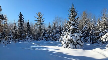 Serene Winter Landscape Featuring Snow-Covered Trees and Clear Blue Sky in a Tranquil Forest Setting