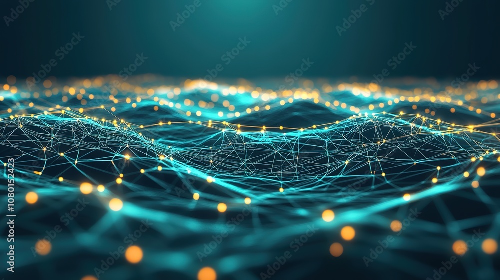 Poster green abstract background with a network grid and particles connected. sci-fi digital technology wit