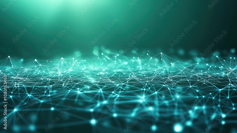 Poster green abstract background with a network grid and particles connected. sci-fi digital technology wit