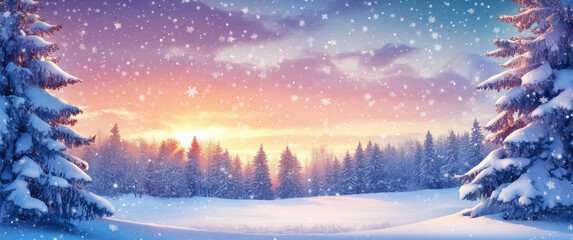 serene winter landscape featuring snow covered trees and colorful sunset. scene captures beauty of nature in snowy setting, evoking sense of tranquility and wonder