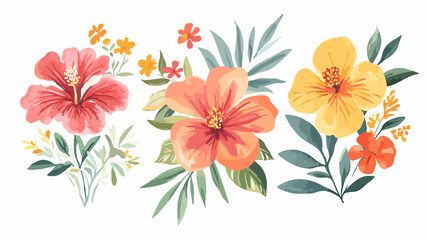 Bright tropical flowers isolated on white background. Botanical painting, watercolor illustrations yellow flower branch