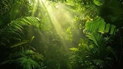 Lush Green Rainforest with Sunlight Filtering Through Dense Foliage, Capturing the Serenity and Vibrancy of Nature's Untouched Beauty in a Tropical Paradise