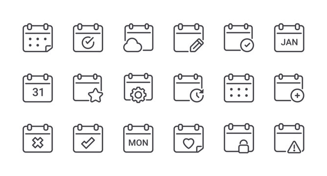 Minimal Set of Date and Calendar Line Icons. Editable Stroke. Pixel Perfect.
