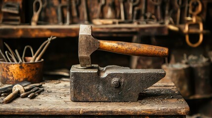 Vintage Blacksmith Forge with Hammer and Anvil Surrounded by Tools in a Rustic Workshop Highlighting Traditional Craftsmanship and Artisan Skills
