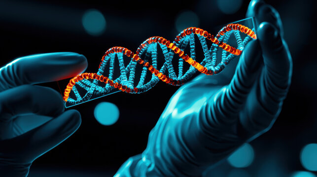 Personalized Medicine Genetic Testing Concept. A close-up of a gloved hand holding a colorful DNA strand, set against a blurred background, symbolizing genetic research and biotechnology.