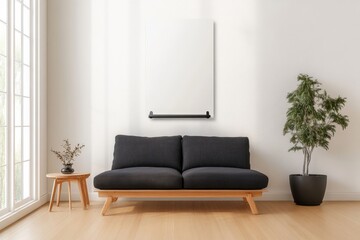 Fototapeta premium Minimalist Living Room with Wooden Sofa and Potted Plant Wall Frame Mockup