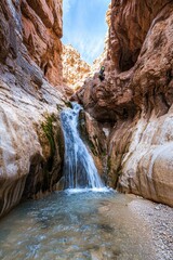 Stunning Rock Formations and Waterfall in a Narrow Canyon with Adventurer Using Rope for Climbing in a Gorgeous Natural Landscape