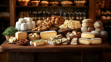 Assortment of Cheeses and Breads on Wooden Table, Rustic Food Photo