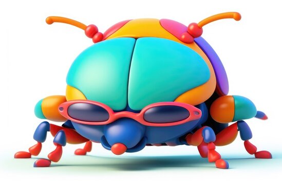 Two beetles, fly, connected by eyes, mutant beetle. 3d cartoon illustration on white background.