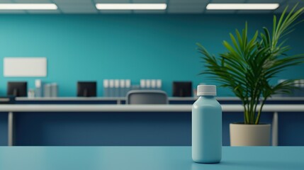 Pristine office with sanitized surfaces, disinfectant bottle on desk