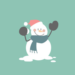 merry christmas and happy new year with cute snowman and snowball, flat vector illustration cartoon character costume design