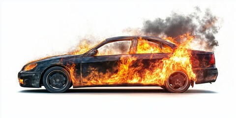 A black car is on fire and the flames are shooting out of the car