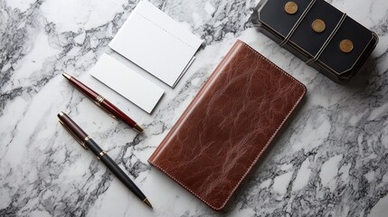 Elegant Brown Leather Notebook with Pens and Blank Cards on Stylish Marble Surface for Office or Personal Organization Needs