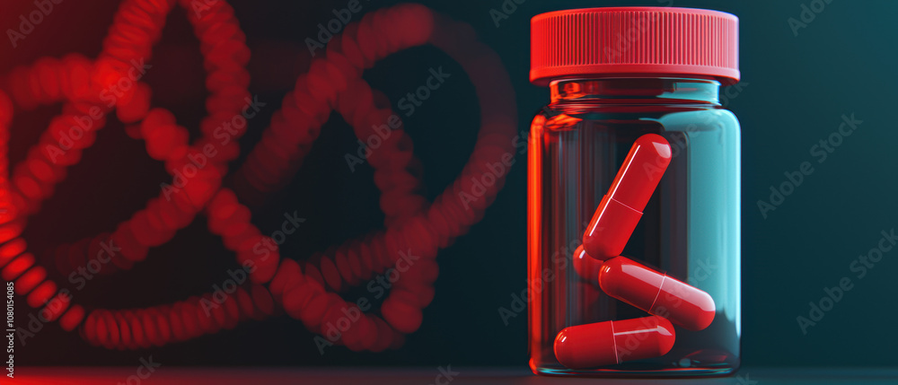 Poster personalized medicine genetic testing concept. a vibrant image of a transparent pill bottle filled w