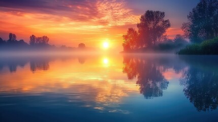 Obraz premium Serene Sunrise Over a Misty Lake with Colorful Sky and Reflective Waters Surrounded by Lush Trees in Tranquil Natural Landscape