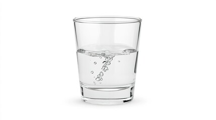 Pure water pouring into a clear glass against a white background