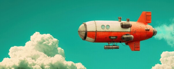 Red and White Dirigible Airship Flying Over Clouds