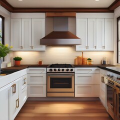 front facing realistic built in kitchen. photo of a kitchen with a hood, hob and oven where you an see the full appliances. white kithen