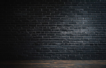 dark, textured brick wall with wooden flooring, creating moody atmosphere. Ideal for backgrounds or artistic displays
