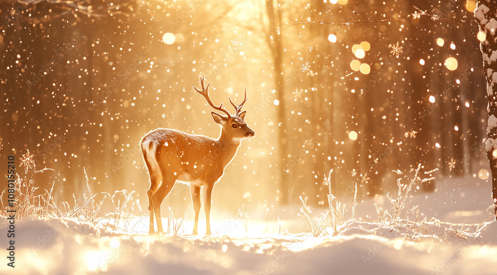 Aufkleber a lone deer stands in a snowy forest, bathed in the warm glow of the setting sun. the snow falls gen