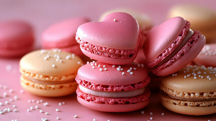 Fototapeta premium Pink and Yellow Macarons on Pink Background Photo