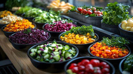 Obraz premium Fresh Salad Bar Display with Various Vegetable Choices