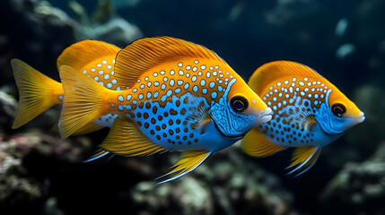 Obraz premium Two Yellow and Blue Spotted Fish Underwater - Photo