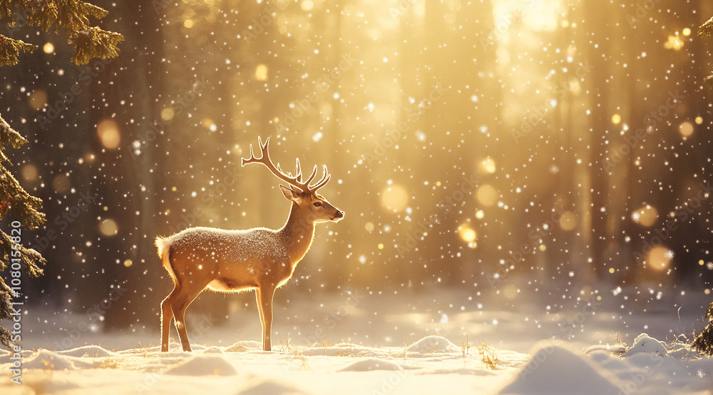 Aufkleber a deer stands in a snowy forest, bathed in the golden light of the setting sun. snowflakes gently fa