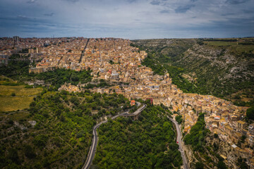 Aerial panoramic view of Ragusa, a UNESCO heritage town on Italian island of Sicily. June 2023
